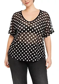 Polka Dot Mesh V Neck Roll Sleeve