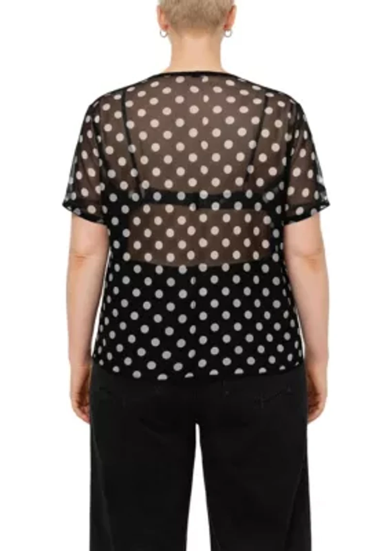 Polka Dot Mesh V Neck Roll Sleeve