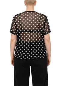 Polka Dot Mesh V Neck Roll Sleeve