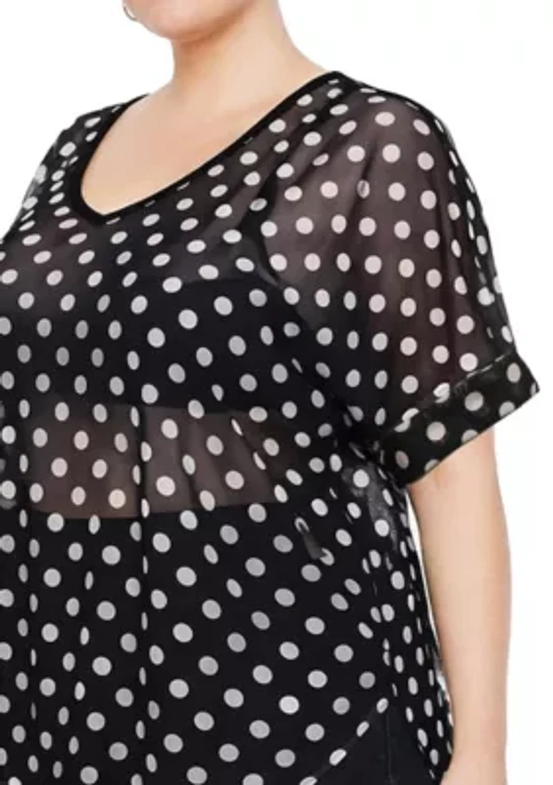 Polka Dot Mesh V Neck Roll Sleeve