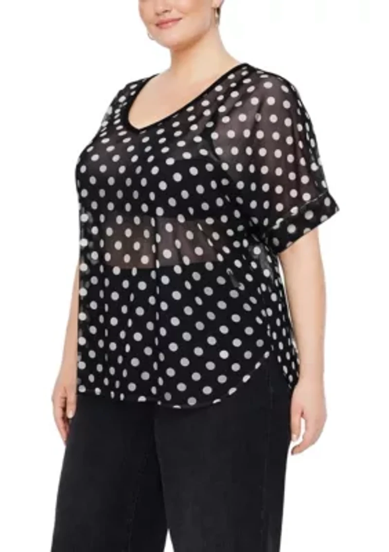 Polka Dot Mesh V Neck Roll Sleeve