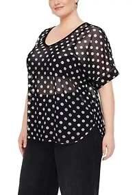 Polka Dot Mesh V Neck Roll Sleeve