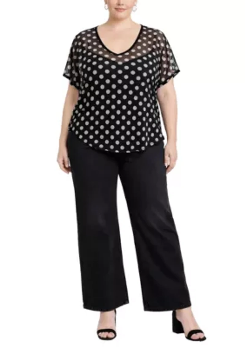 Polka Dot Mesh V Neck Roll Sleeve
