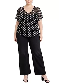 Polka Dot Mesh V Neck Roll Sleeve