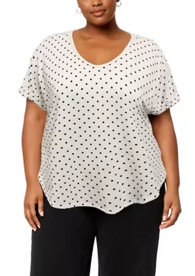Polka Dot Bubble Crinkle V Neck Roll Sleeve