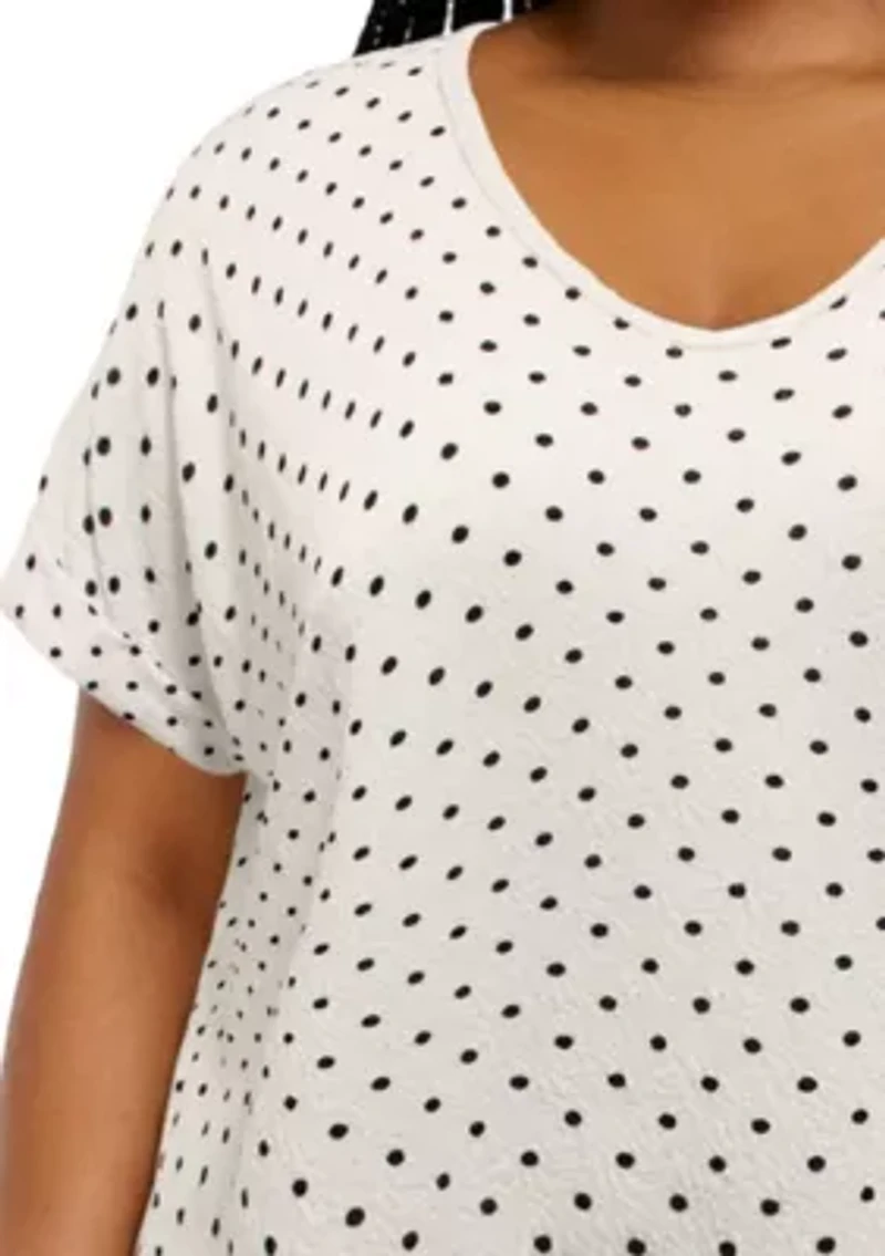 Polka Dot Bubble Crinkle V Neck Roll Sleeve