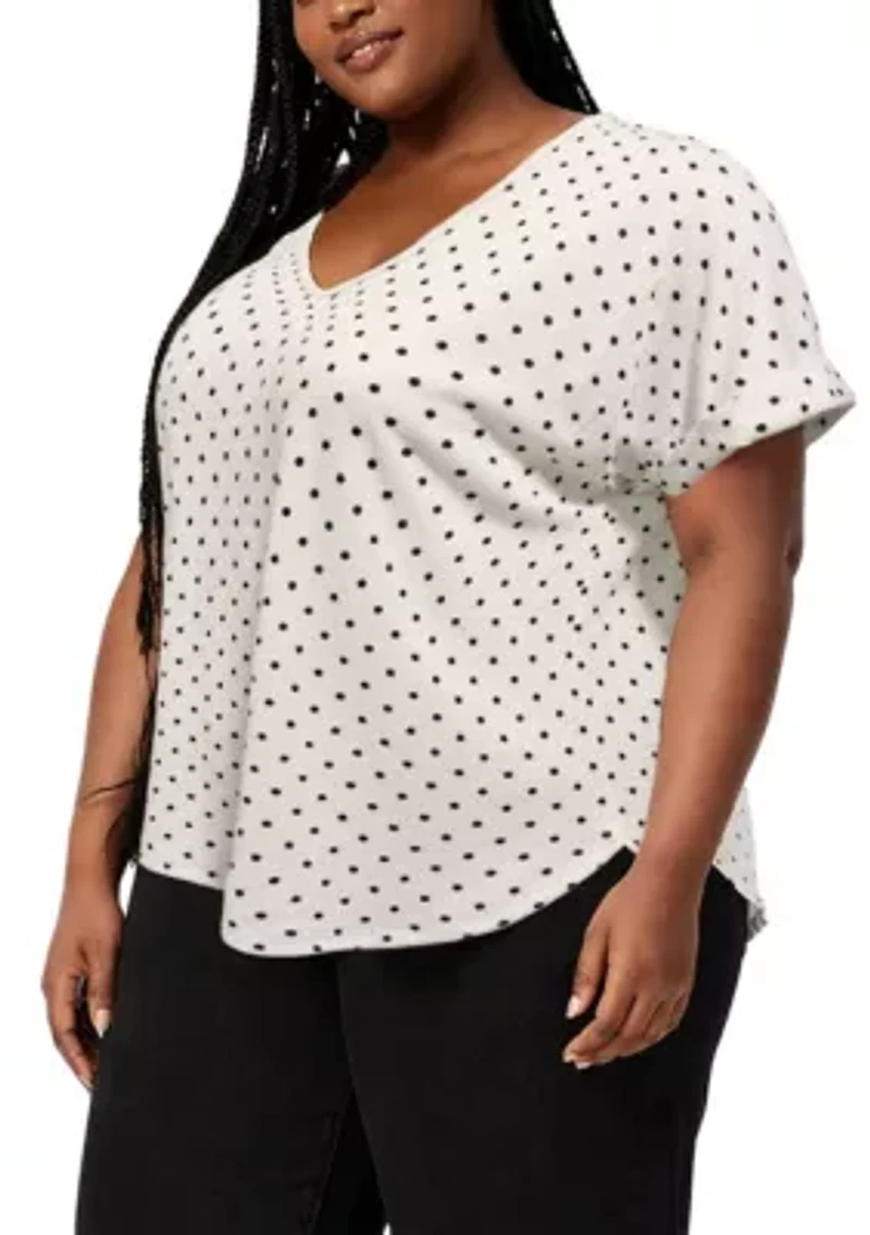 Polka Dot Bubble Crinkle V Neck Roll Sleeve