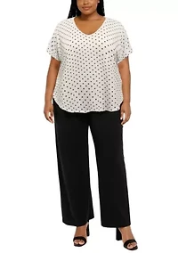 Polka Dot Bubble Crinkle V Neck Roll Sleeve