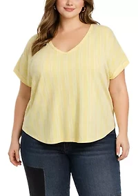 Cotton Mix Vertical Stripe V Neck Roll Sleeve