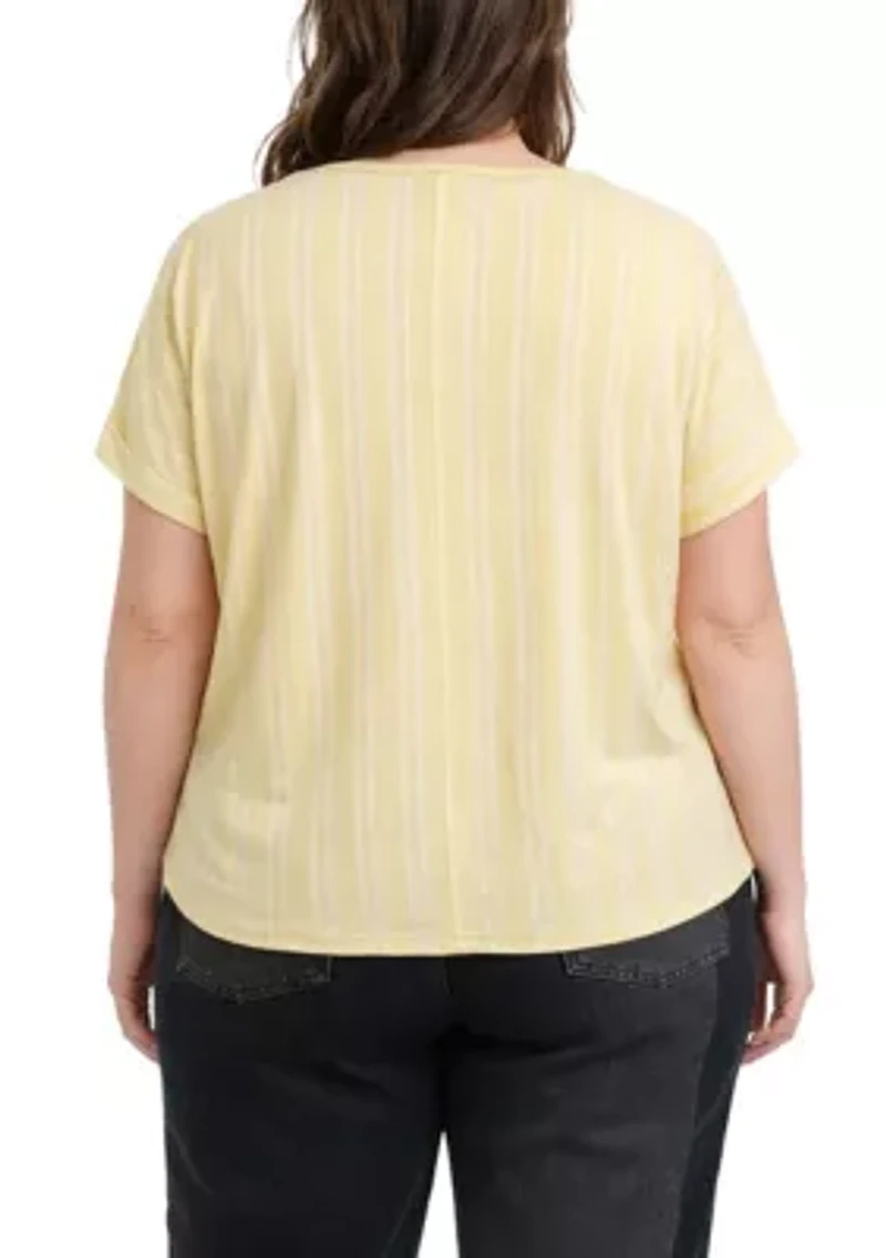 Cotton Mix Vertical Stripe V Neck Roll Sleeve