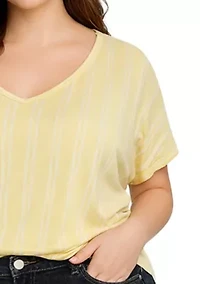 Cotton Mix Vertical Stripe V Neck Roll Sleeve