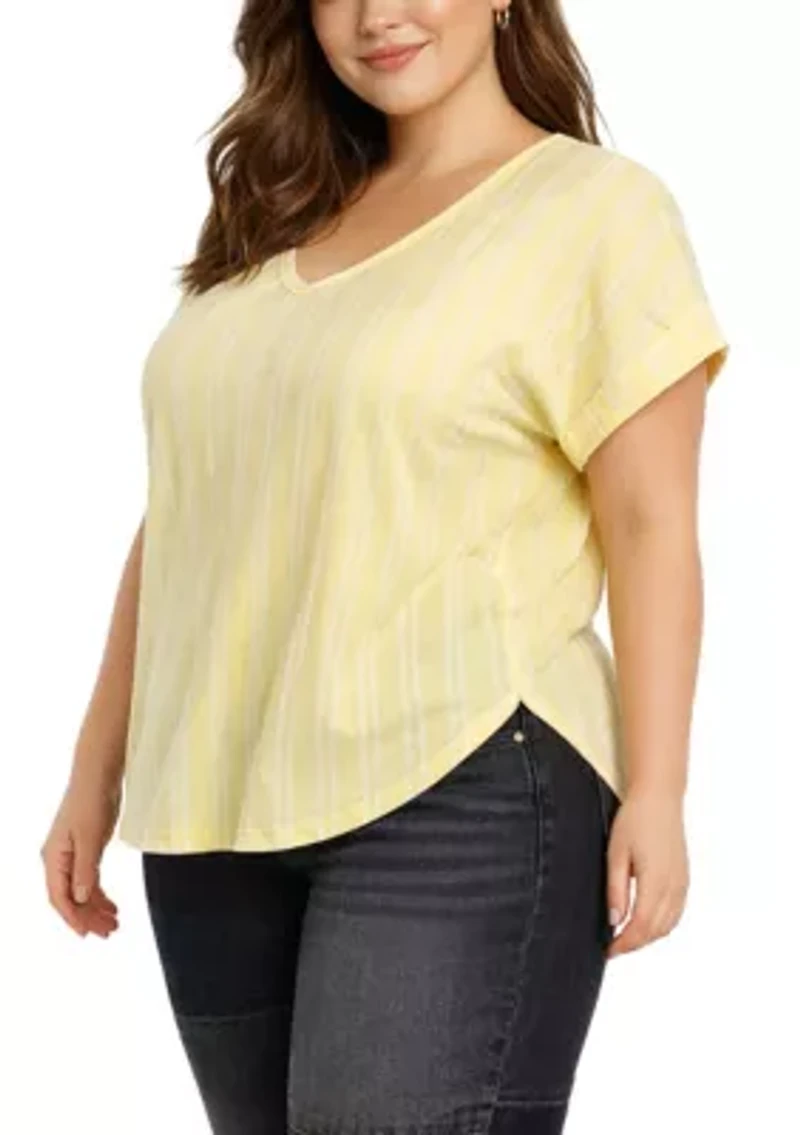 Cotton Mix Vertical Stripe V Neck Roll Sleeve