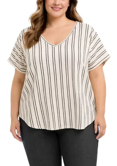 Cotton Mix Vertical Stripe V Neck Roll Sleeve