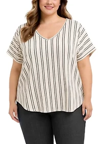 Cotton Mix Vertical Stripe V Neck Roll Sleeve