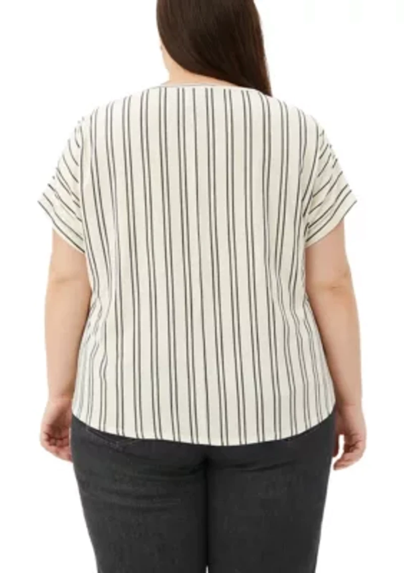 Cotton Mix Vertical Stripe V Neck Roll Sleeve
