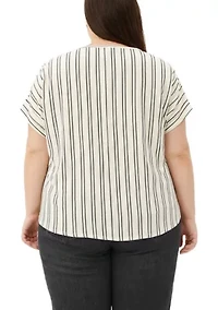 Cotton Mix Vertical Stripe V Neck Roll Sleeve