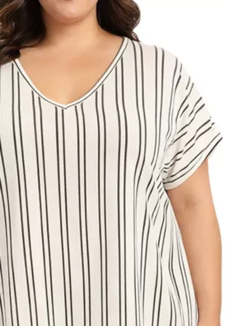 Cotton Mix Vertical Stripe V Neck Roll Sleeve
