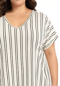 Cotton Mix Vertical Stripe V Neck Roll Sleeve