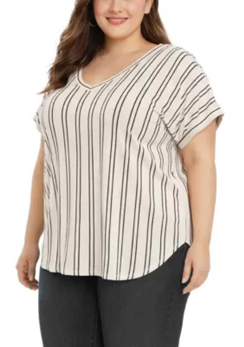 Cotton Mix Vertical Stripe V Neck Roll Sleeve