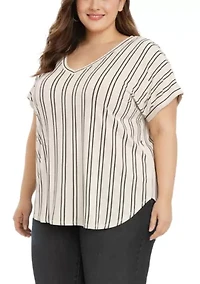 Cotton Mix Vertical Stripe V Neck Roll Sleeve