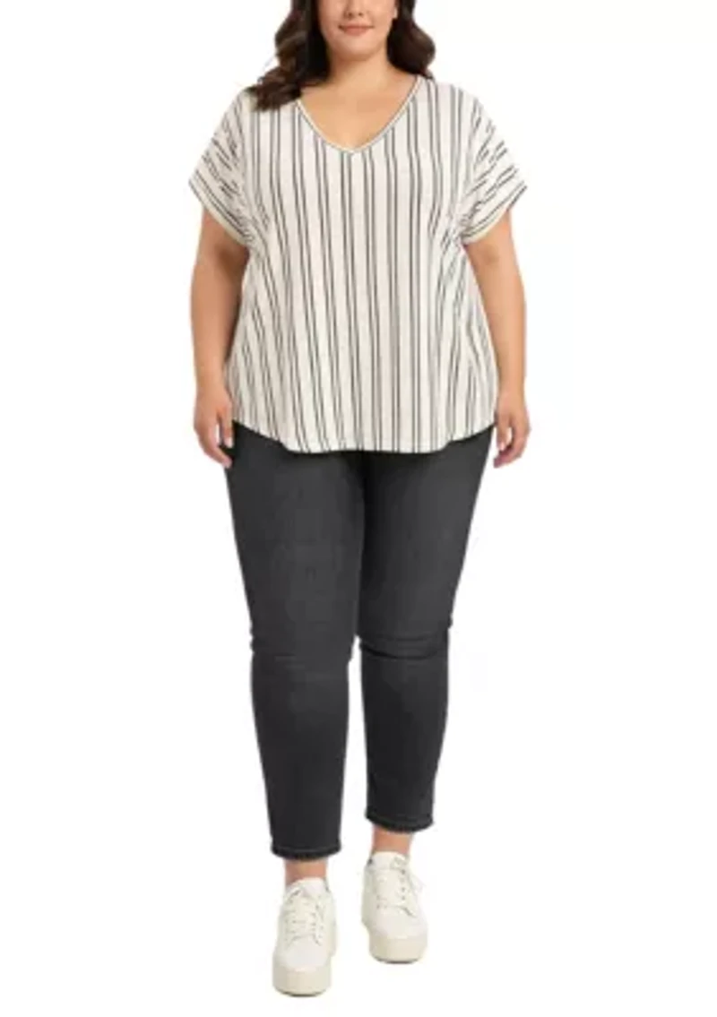Cotton Mix Vertical Stripe V Neck Roll Sleeve