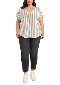 Cotton Mix Vertical Stripe V Neck Roll Sleeve