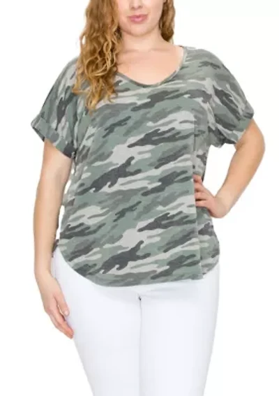 Camo Print French Terry V Neck Rolled Sleeve