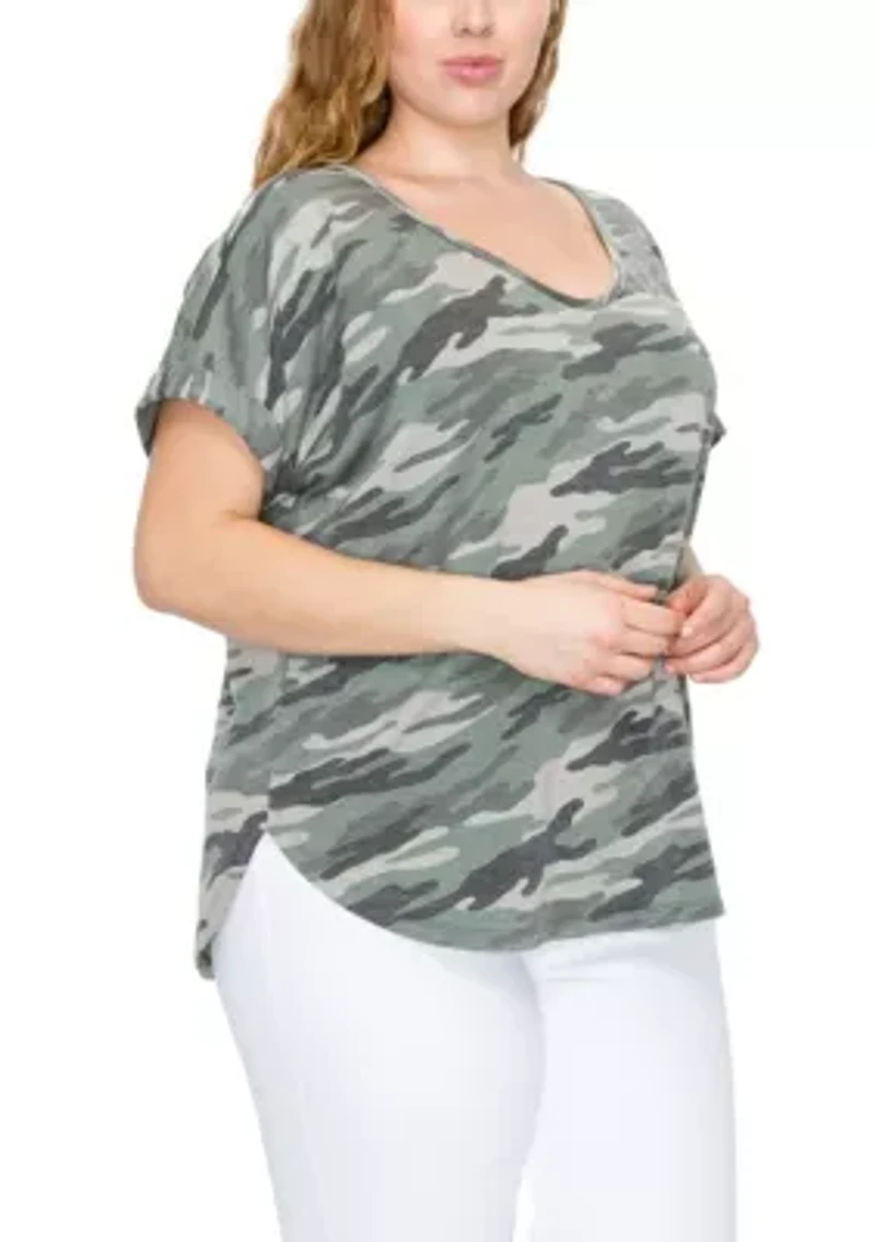 Camo Print French Terry V Neck Rolled Sleeve