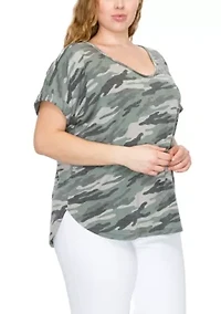 Camo Print French Terry V Neck Rolled Sleeve