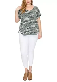 Camo Print French Terry V Neck Rolled Sleeve