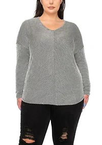Span Rail Textured Rib V Neck Chevron Front Dolman Long Sleeve