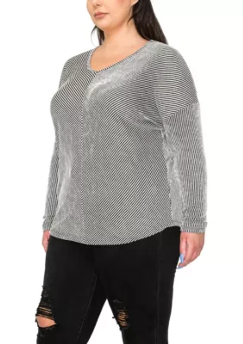 Span Rail Textured Rib V Neck Chevron Front Dolman Long Sleeve