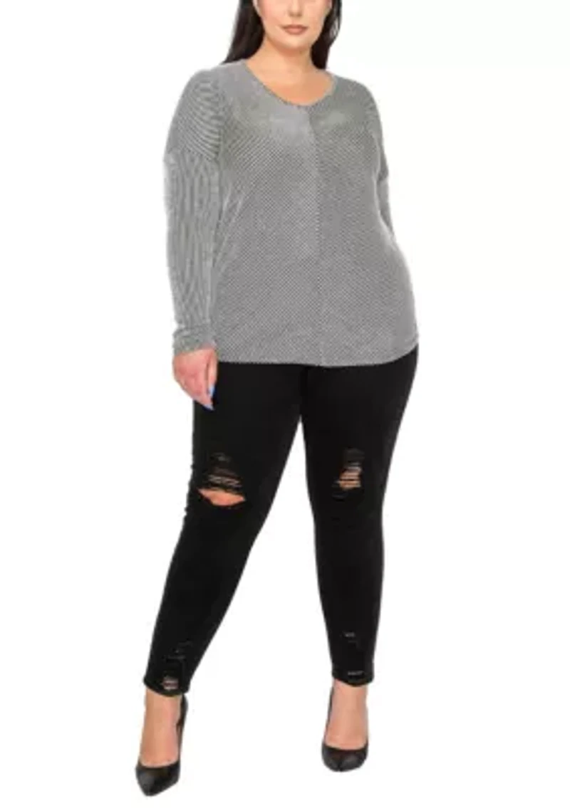 Span Rail Textured Rib V Neck Chevron Front Dolman Long Sleeve