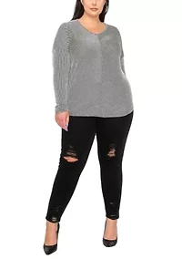 Span Rail Textured Rib V Neck Chevron Front Dolman Long Sleeve