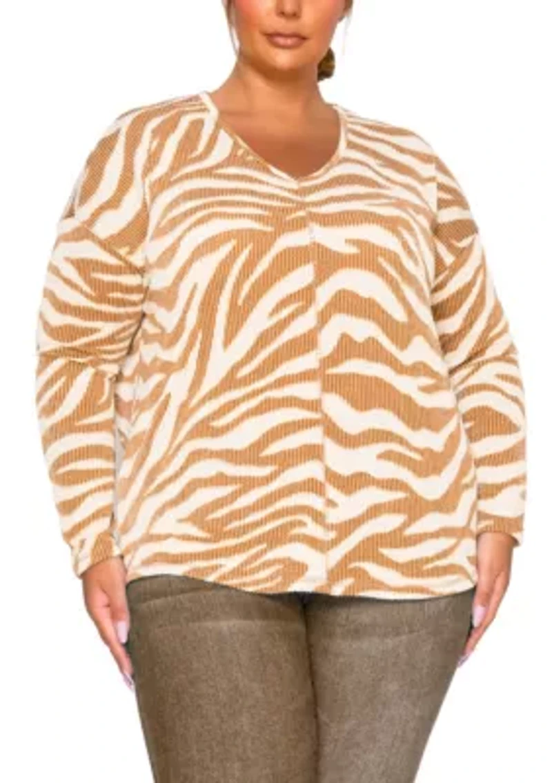 Zebra Textured V Neck Dolman Long Sleeve