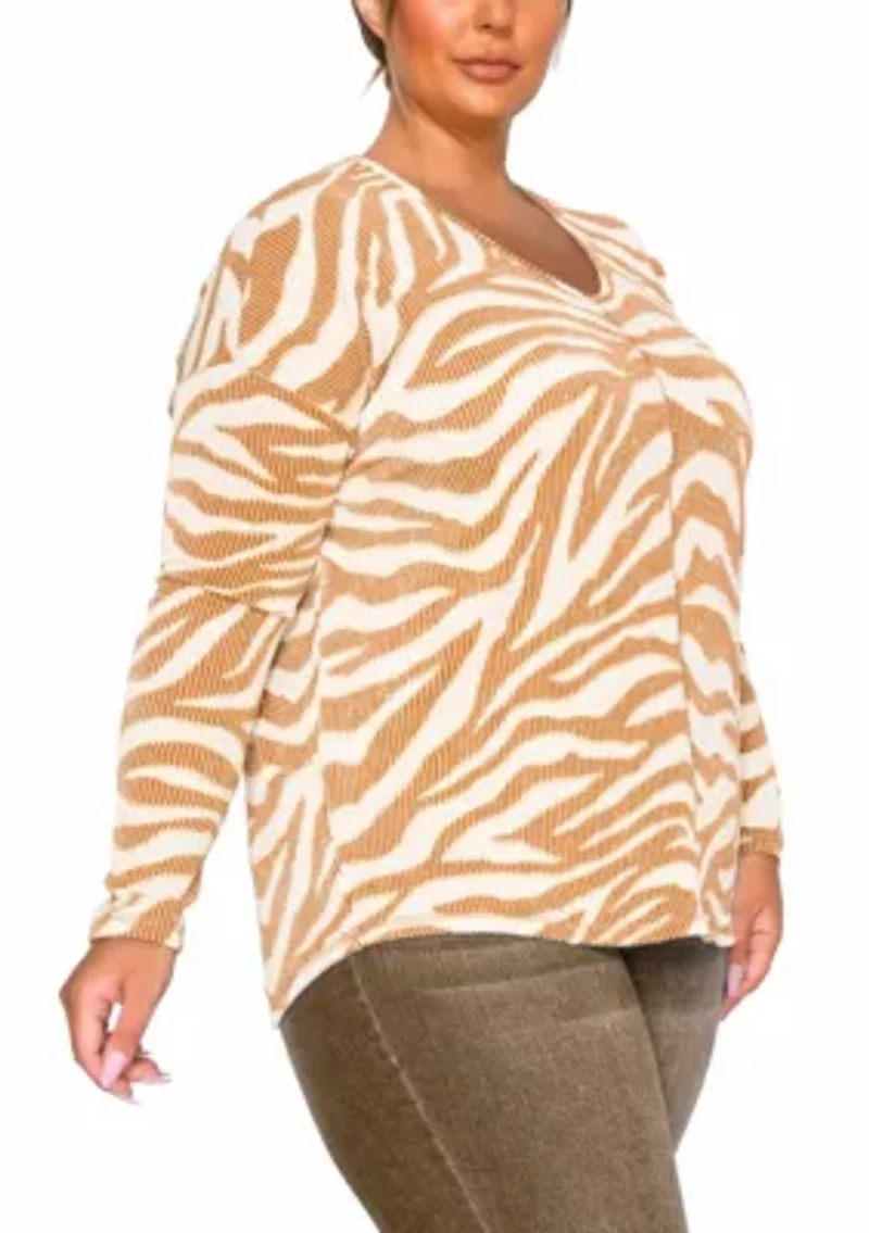 Zebra Textured V Neck Dolman Long Sleeve