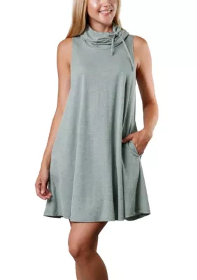 Chambray Jersey Funnel Neck Pocket Dress