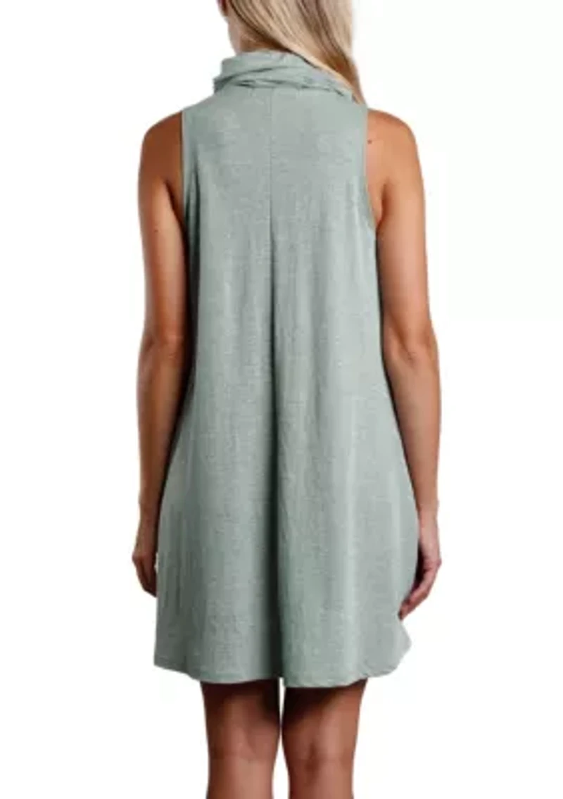 Chambray Jersey Funnel Neck Pocket Dress