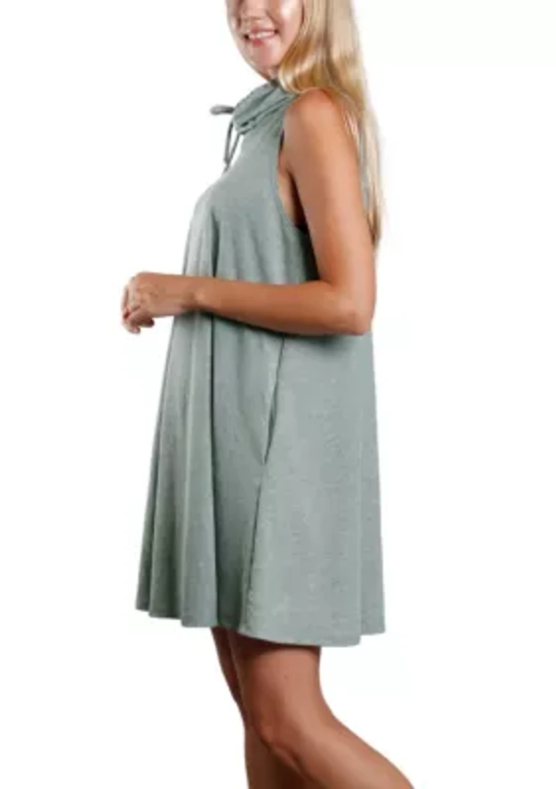 Chambray Jersey Funnel Neck Pocket Dress