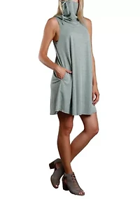 Chambray Jersey Funnel Neck Pocket Dress