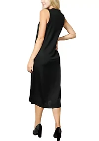 Chambray Jersey V Neck Pocket Midi Dress