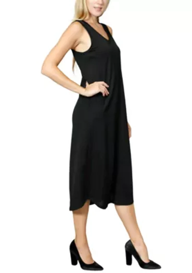 Chambray Jersey V Neck Pocket Midi Dress