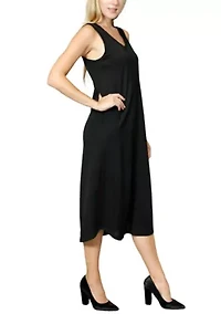 Chambray Jersey V Neck Pocket Midi Dress