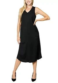 Chambray Jersey V Neck Pocket Midi Dress