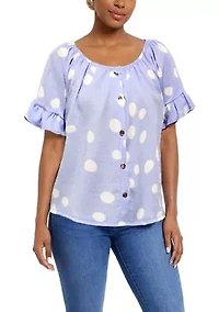 Polka Dot Crinkle Knit Button Front Ruffle Sleeve