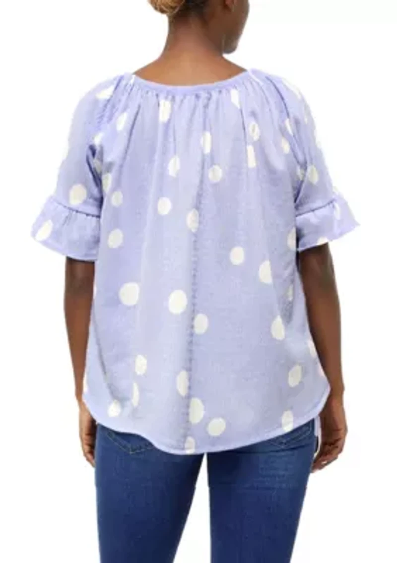 Polka Dot Crinkle Knit Button Front Ruffle Sleeve