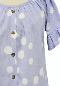Polka Dot Crinkle Knit Button Front Ruffle Sleeve