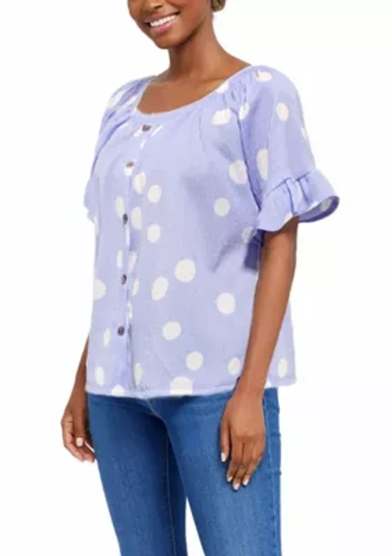 Polka Dot Crinkle Knit Button Front Ruffle Sleeve