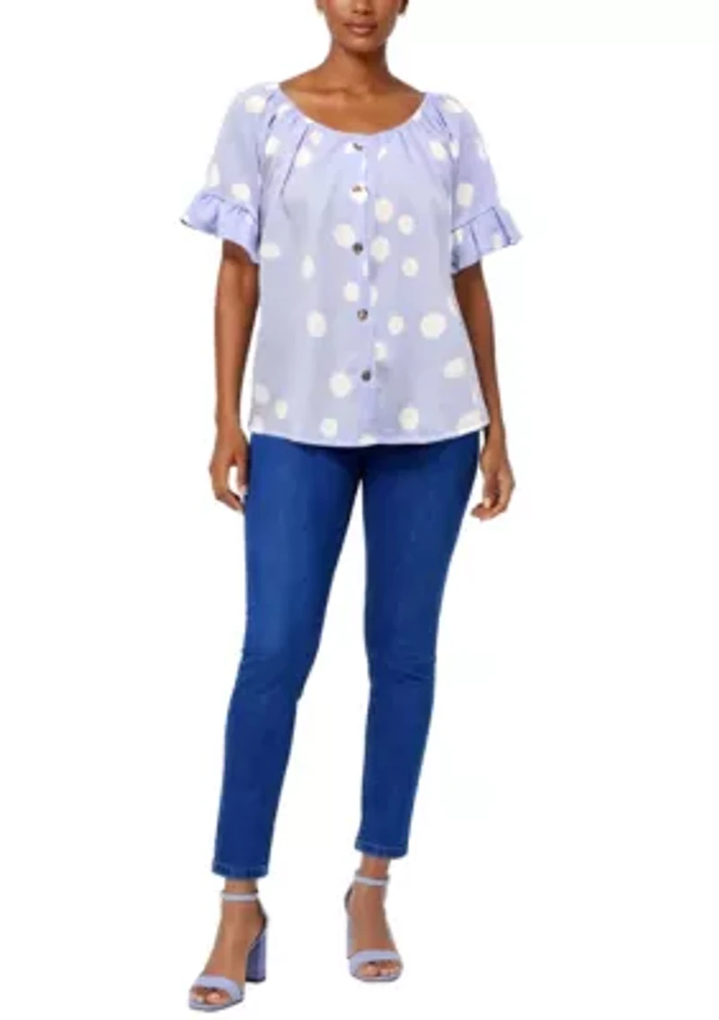 Polka Dot Crinkle Knit Button Front Ruffle Sleeve