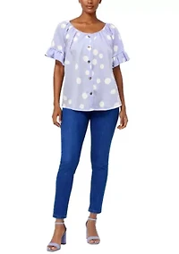 Polka Dot Crinkle Knit Button Front Ruffle Sleeve